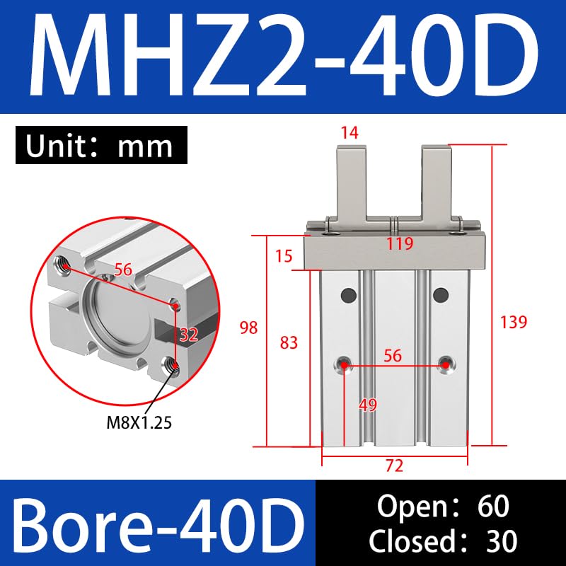 HNJPC Pneumatic Parallel Gripper Claw, 1-1/2 inch (40mm) Bore with Magnetic, Mini Pneumatic Finger Air Cylinder Gripping Forcep (MHZ2-40D) - Image 2